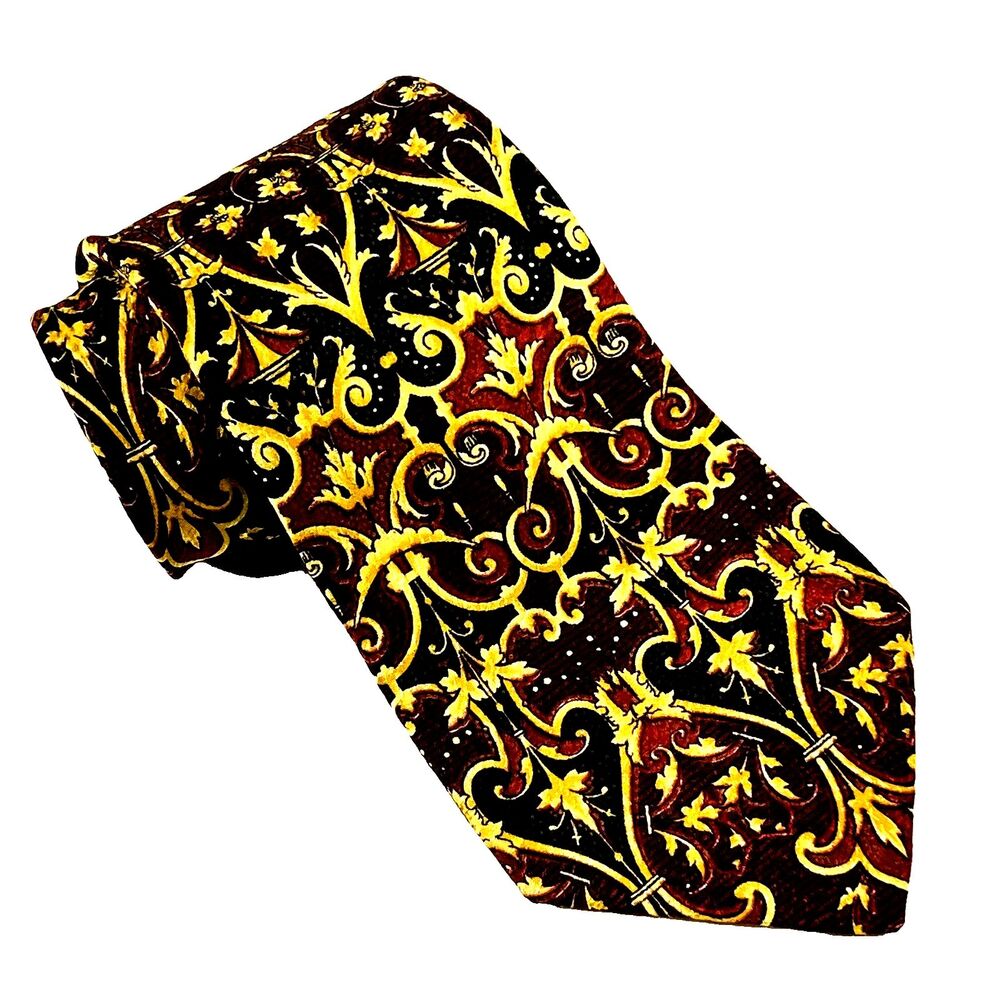 Gianni Versace Tie Vintage Baroque Gold Black Red Pure Silk Barocco Italy 01990s